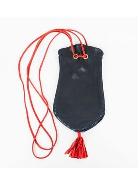 Vintage Genuine Leather Reticule Made in Paris black red drawstring tassel retro